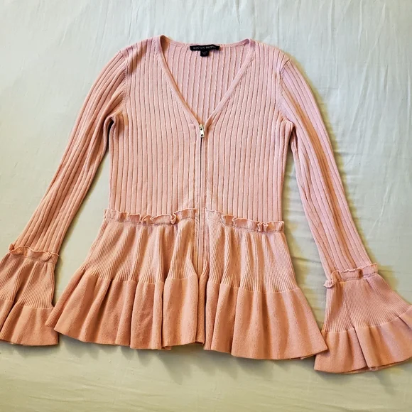 Boston Proper XS Pink Ribbed Knit Ruffled Peplum Zipper Front Cardigan - Picture 5 of 9